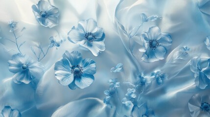 Poster - Soft blue abstract floral pattern with flowing shapes and delicate textures, creating serene and calming atmosphere. Ideal for backgrounds and textile designs