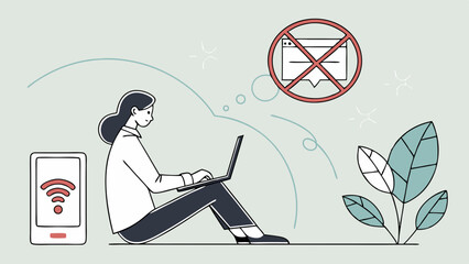 Poster - Woman using laptop with no notifications near a smartphone with wifi and a plant illustration