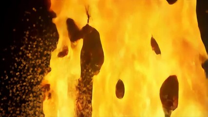 Poster - Dramatic shot of flames rising against a black background with shimmering golden particles.  Heat and light emanating upward. Animation.