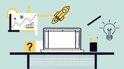 Poster - Illustration of a laptop on a desk with a rocket, lightbulb, and chart symbols in a creative workspace