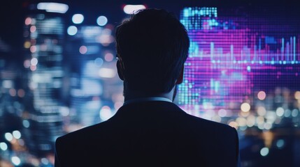 Poster - A businessman looks into a futuristic digital interface displaying financial and data analytics, symbolizing modern technology and innovation in business strategy.