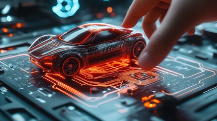 Poster - AI-Powered Automotive Future: A hand carefully places a futuristic, AI-powered car model on a circuit board, representing the integration of artificial intelligence into the automotive industry.