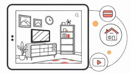 Poster - Tablet showing a living room design with furniture and icons for home and video options displayed