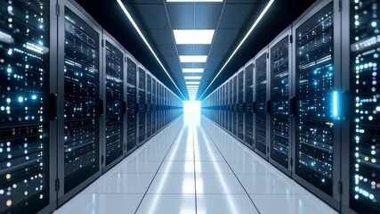 Poster - Server room with rows of rack servers and blue lights in a data center, a tunnel effect with bright light at the end