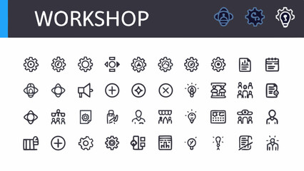 Poster - Illustration of workshop icons including gears, people, documents, and other business related symbols