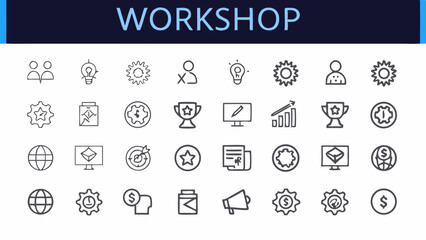Poster - Illustration showing various business related icons including gears, charts, and target symbols in line art