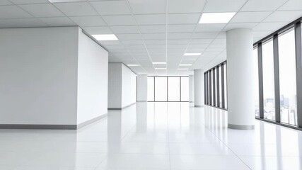 Poster - Bright, modern office interior with panoramic windows and white walls, ideal for corporate headquarters or creative workspace backgrounds