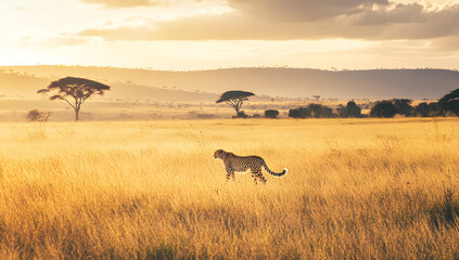  Wild cheetah walking through African grasslands during safari