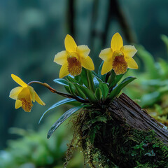 Poster - Golden dendrobium orchid with vibrant yellow petals and lush green leaves on mossy wood, serene nature scene