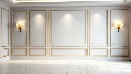 Poster - Elegant empty room featuring white walls with gold trim, ornate sconces, and polished marble floor, creating a luxurious interior space