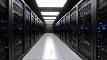 Poster - Data center hallway with rows of server racks and white tiled floor, illuminated by ceiling lights, and a closed black door at the end