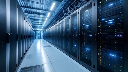 Poster - Hallway perspective view showing rows of computer server racks in data center with bright blue lighting and shiny floor