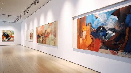 Poster - Abstract paintings adorn white walls in a modern art gallery with light wood floors and track lighting, providing a creative space for viewers.