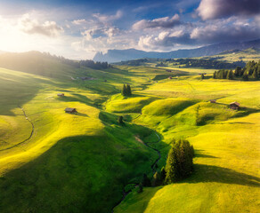 Wall Mural - aerial view of green alpine meadows with houses on the hills at sunrise in summer. top view of mount