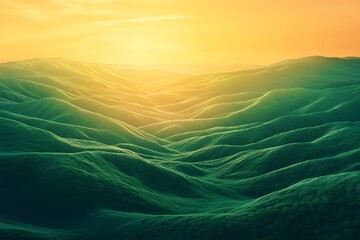 Wall Mural - endless green mountain waves stretching into the horizon, kissed by a warm amber sunset