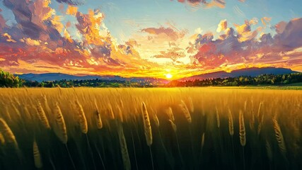 Wall Mural - golden wheat field under vibrant sunset sky, showcasing natures beauty and serene landscape.
