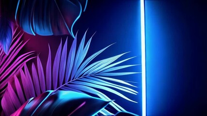 Poster - Tropical leaves bordering vibrant neon rectangular frame with dark background, perfect for abstract concept and artistic presentation.