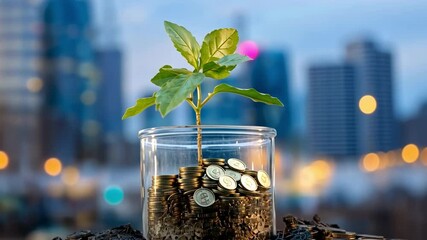 Poster - Growth Sprout: An inspiring visual capturing a verdant sprout flourishing from a base of coins, encased within a glass jar against the backdrop of a bustling cityscape.