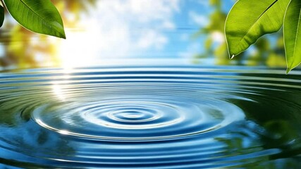 Poster - Serene Water Ripples: Close-up view of water, capturing gentle ripples expanding outwards, against a backdrop of the bright sky and verdant leaves.