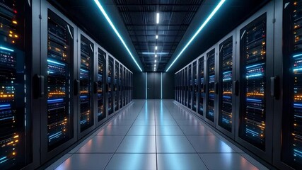Poster - Server room filled with data storage racks reflecting light from the ceiling, providing data center infrastructure for network storage.