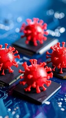 Aufkleber - Red virus model on electronic circuit board highlighting digital vulnerabilities and potential system infection, illustrating cybersecurity and data breach risks.