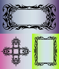 Poster - Three ornate vector frames with bold tribal motifs in black, set against colorful gradients. The style is modern tribal tattoo, which remains influential in graphic and poster design trends today.