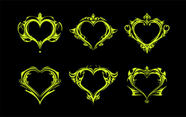 Poster - Neon yellow tribal heart shapes on a black background. The design features bold, ornate lines in 2025's trendy Y2K tribal tattoo revival style, perfect for graphic and digital art projects.