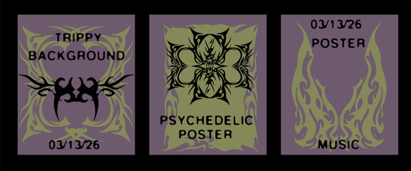 Poster - Three psychedelic posters in Y2K tribal tattoo style, using muted olive and purple colors. The bold, abstract frames and backgrounds highlight the 2025 trend of retro digital graphic design.
