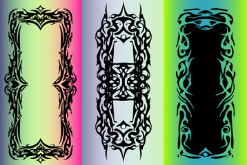 Poster - Three vector tribal frames on a colorful gradient background. The illustration features bold, sharp lines and popular Y2K-inspired tribal tattoo style, which is currently trending in digital art.