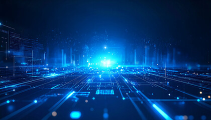 Leinwandbilder - Abstract digital data background with futuristic blue light and information transfer