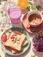 Aufkleber - Healthy Breakfast Display Featuring Toast, Smoothie, Fruit, and Nuts on a Bright Table in a Cozy Setting