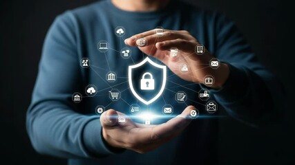 Poster - Person holding digital shield with padlock and icons representing online security measures shown