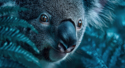 Poster - Close-Up of a Koala Peeking Through Ferns, Emphasizing Wildlife Conservation and the Beauty of Nature, Perfect for Ecotourism Campaigns