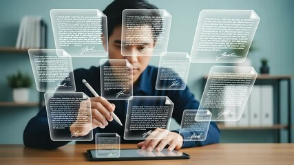 Poster - Man signing digital documents on a tablet with a stylus in an office environment with shelves behind
