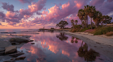Poster - Tropical Beach at Sunset With Pink Clouds Reflected in Water, Evoking Serenity and Vacation Getaway