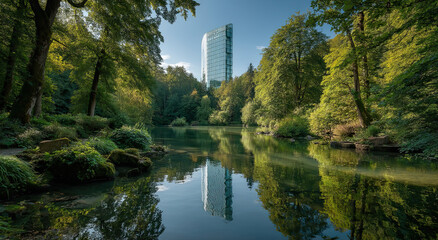 Poster - Modern Glass Skyscraper Reflected in Forest Lake on Sunny Day, Representing Sustainable Architecture and Urban Development