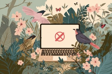 Poster - Illustration of Digital Detox With Laptop Closed in Nature Surrounded by Birds and Flowers, Promoting Connection With the Environment