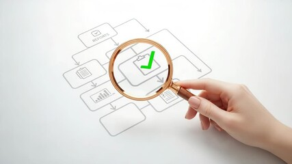 Poster - Hand holding magnifying glass over flowchart with green checkmark on white background close up view