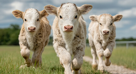 Poster - Three White Calves Running in a Green Meadow, Illustrating Rural Farming and Animal Welfare
