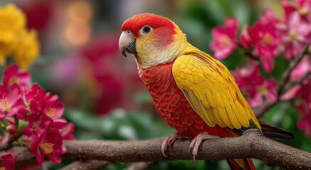Poster - Vibrant Red and Yellow Parrot Perched on Branch Among Pink Blossoms, Showcasing Wildlife Conservation and Avian Beauty for Educational Use