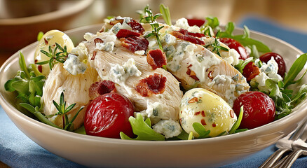 Poster - Gourmet Chicken Salad With Blue Cheese and Cherries in a Bowl, Representing Healthy Eating and Culinary Excellence for Food Bloggers