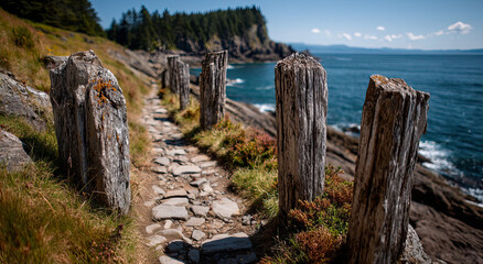 Poster - Coastal Trail With Weathered Posts Overlooking Ocean, Representing Exploration and Ecotourism, Inviting Viewers to Discover the Beauty of Nature