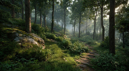 Aufkleber - Sunlit Forest Path With Lush Greenery, Evoking Serenity and Outdoor Adventure for Travel and Ecotourism Campaigns
