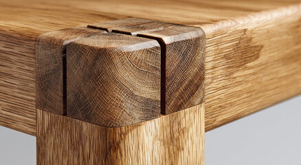 Poster - Detailed View of Wooden Table Leg Joint, Showcasing Craftsmanship and Sustainable Design in Home Improvement Projects, Representing Quality and Durability