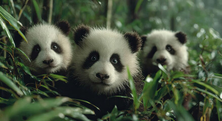 Poster - Three Giant Panda Cubs Peeking Through Bamboo Forest, Showcasing Wildlife Conservation and Environmental Awareness, Ideal for Educational Purposes