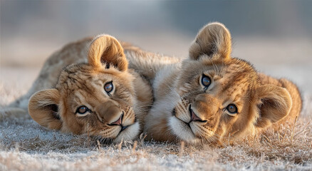 Poster - Two Lion Cubs Resting Together on Dry Grass, Representing Wildlife Conservation and Family Bonding, Suitable for Children's Education Material