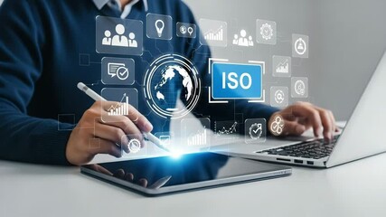 Aufkleber - A person using a tablet and laptop surrounded by iso certification icons and business related graphics