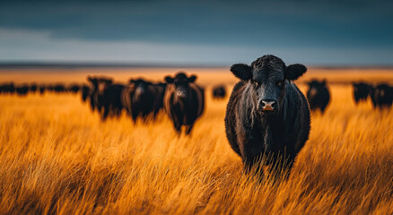 Poster - Black Angus Cattle Grazing in Golden Field at Dusk, Representing Sustainable Agriculture and Rural Heritage