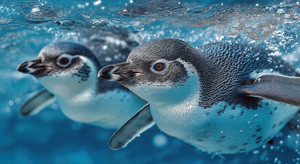 Poster - Two Humboldt Penguins Swimming Underwater, Showcasing Wildlife Conservation and Marine Ecosystems