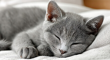 Poster - Sleeping Gray Kitten Curled Up on White Blanket, Representing Comfort and Pet Adoption